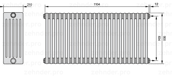 Схема (чертеж) Радиатор Zehnder Charleston 6090/24 №7610 Белый глянцевый RAL 9016